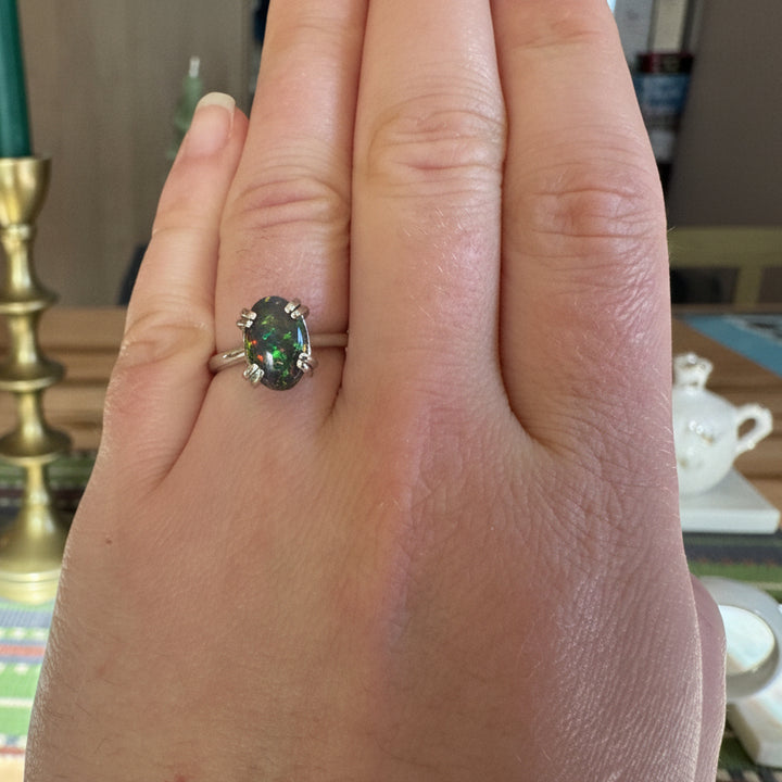 Natural Black Opal - 14K White Gold Ring