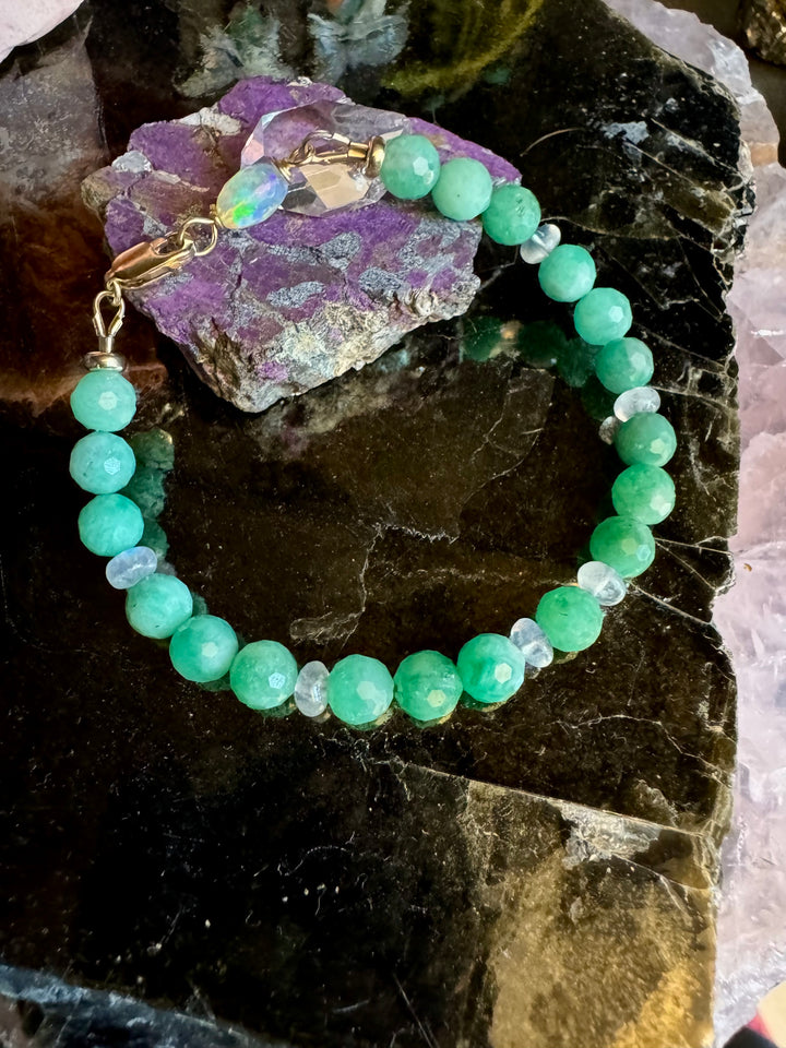 14K yellow gold beaded bracelet natural emeralds moonstone opal gemstone jewelry handcrafted OpalOra