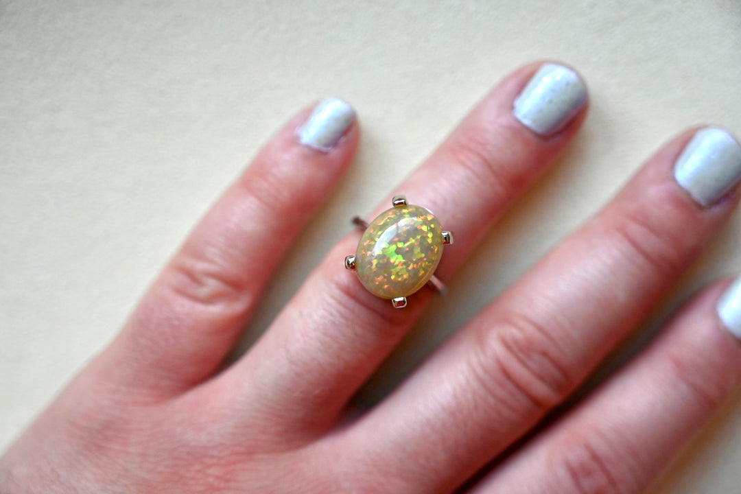 Flashy Champagne Pinfire Opal - 14K White Gold Ring
