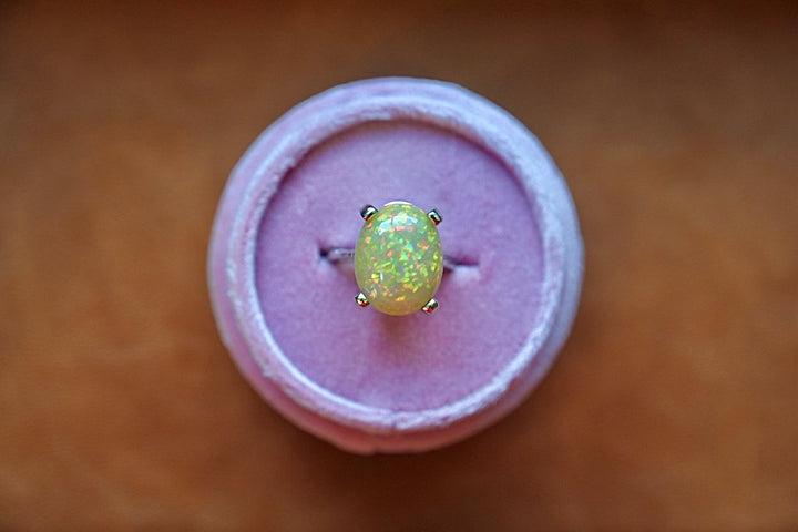 Flashy Champagne Pinfire Opal - 14K White Gold Ring