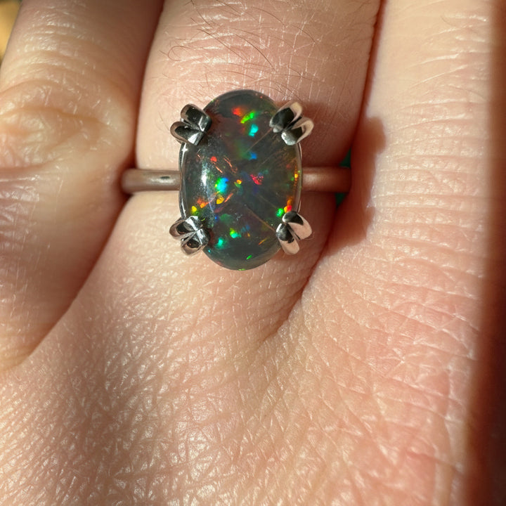 Natural Black Opal - 14K White Gold Ring