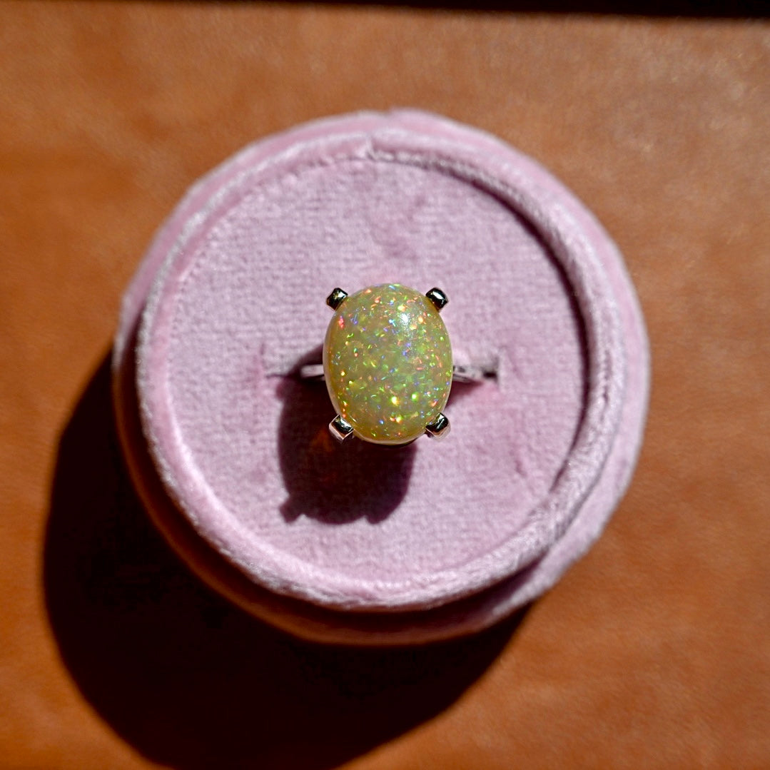 Flashy Champagne Pinfire Opal - 14K White Gold Ring