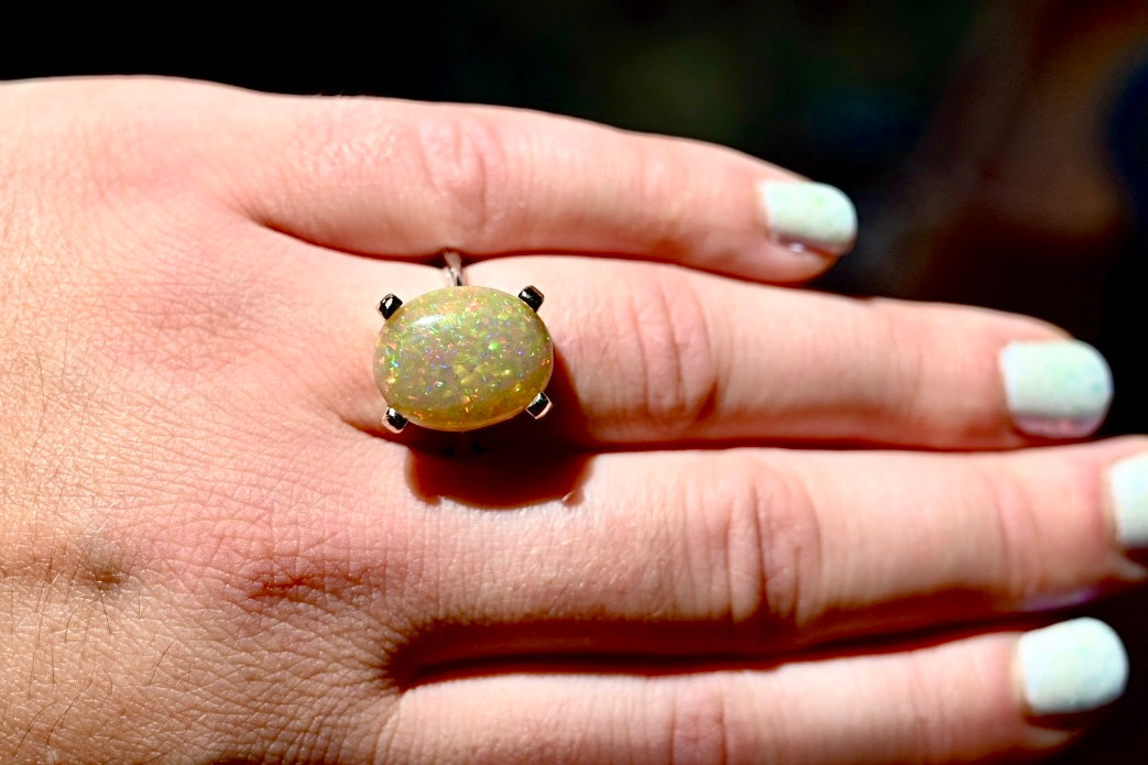 Flashy Champagne Pinfire Opal - 14K White Gold Ring