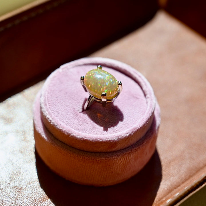 Flashy Champagne Pinfire Opal - 14K White Gold Ring