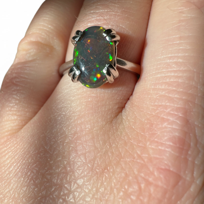 Natural Black Opal - 14K White Gold Ring