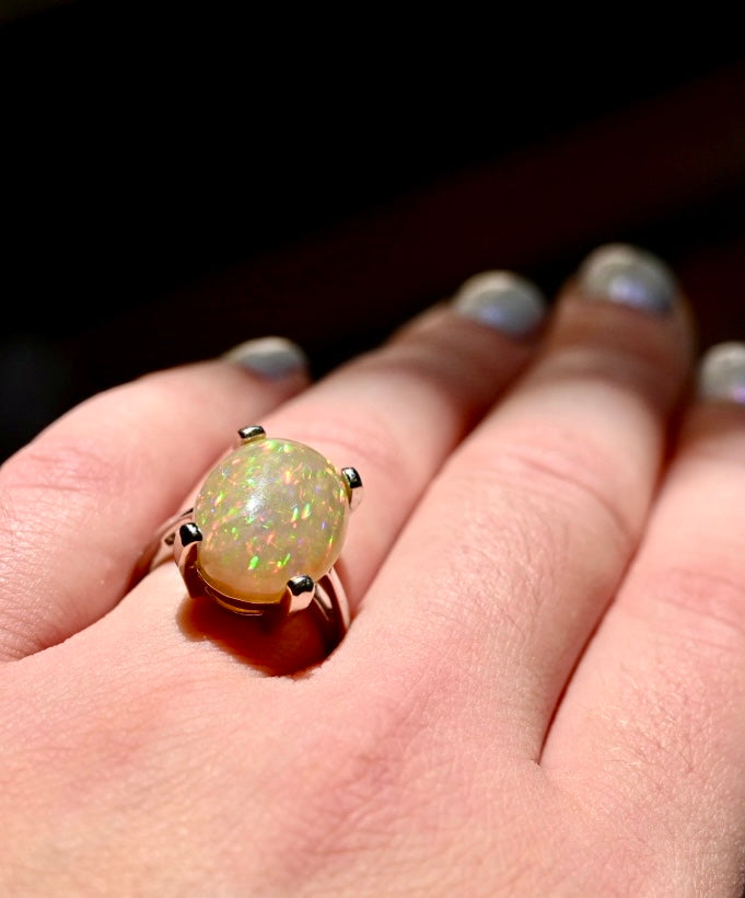 Flashy Champagne Pinfire Opal - 14K White Gold Ring