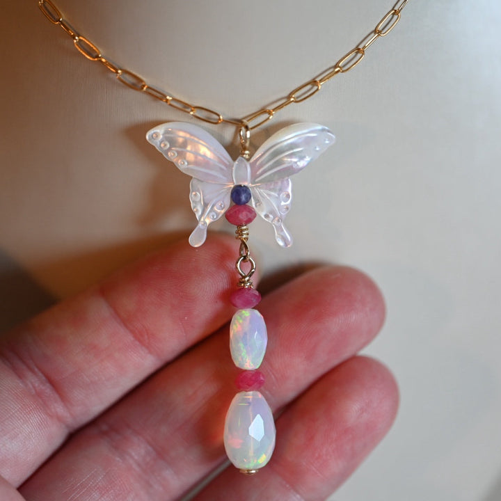 Pearly White Butterly Pendant- 14K Gold
