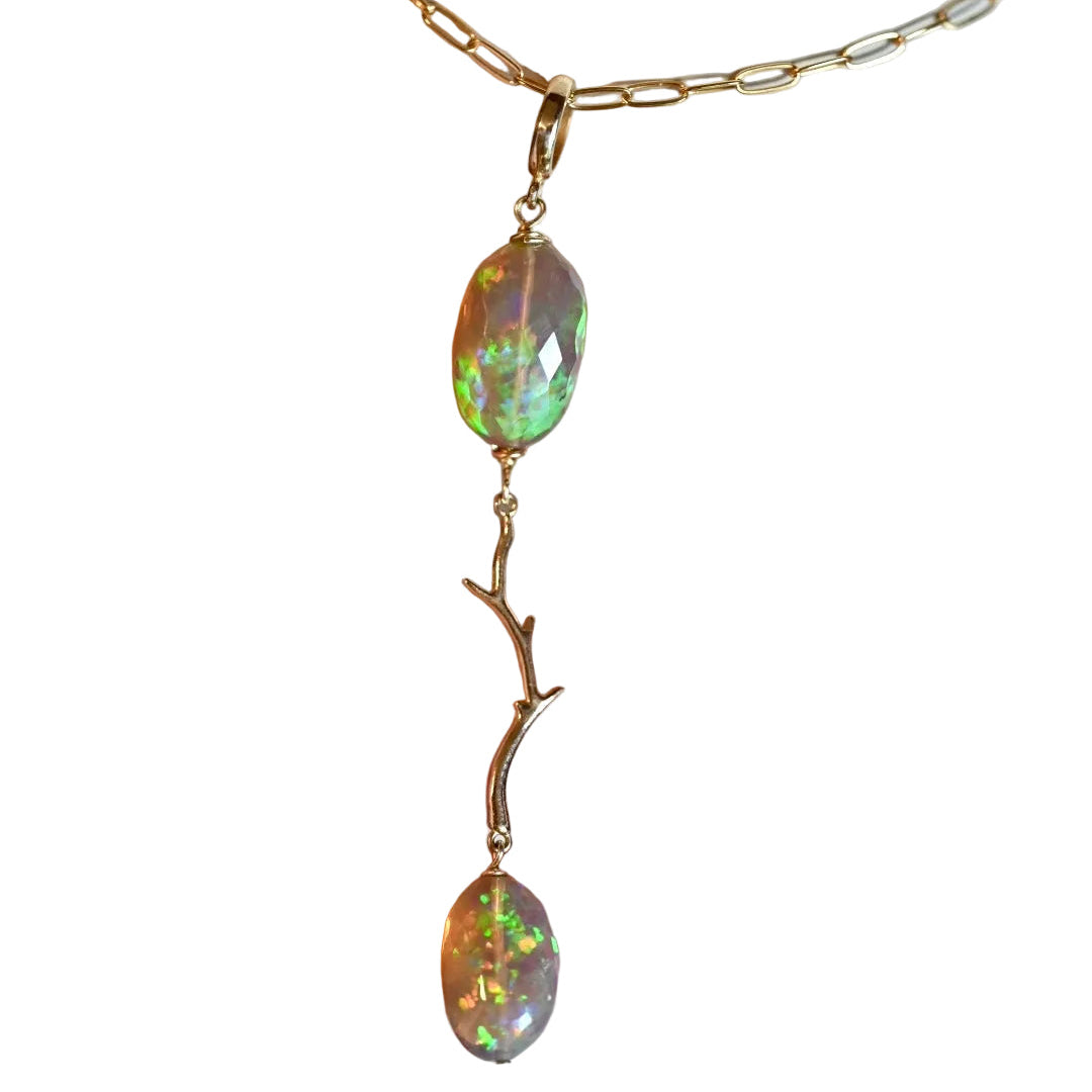 Natural dark opal with red, greens and yellows, natural black opal ethiopian opal. 14 karat solid yellow gold and opal pendant. Modern long necklace. Natural branch jewelry, nature inspired necklace. Black hills jewelry. Opalora jewelry. 