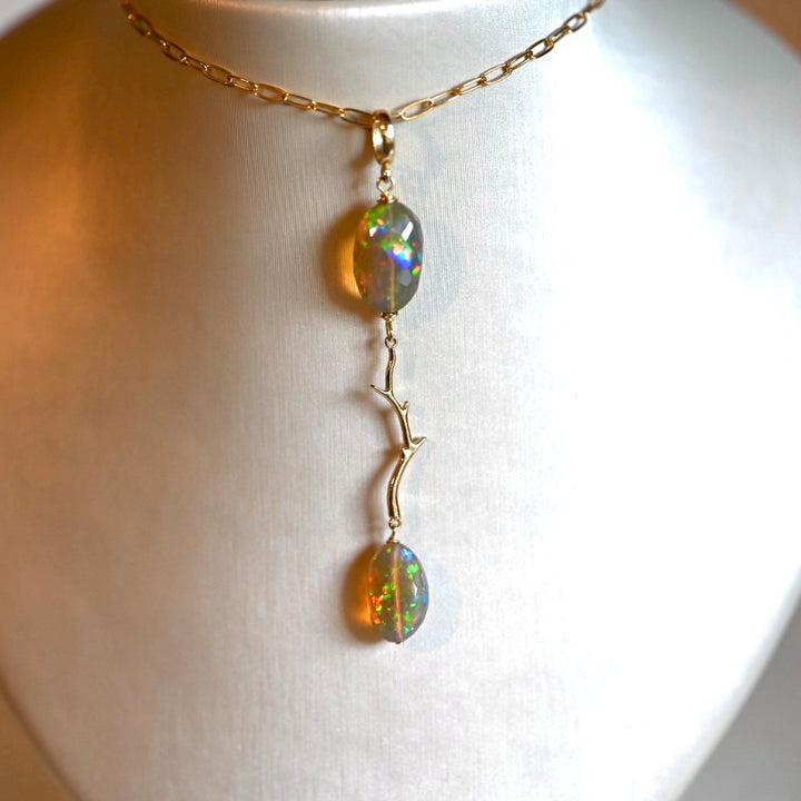 Natural dark opal, natural black opal ethiopian opal. 14 karat solid yellow gold and opal pendant. Modern long necklace. Natural branch jewelry, nature inspired necklace. Black hills jewelry. Opalora jewelry. 