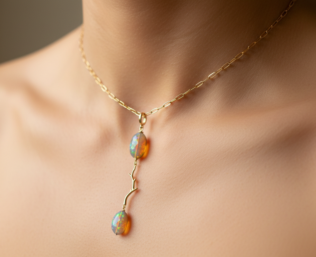 Natural dark opal, natural black opal ethiopian opal. 14 karat solid yellow gold and opal pendant. Modern long necklace. Natural branch jewelry, nature inspired necklace. Black hills jewelry. Opalora jewelry. 