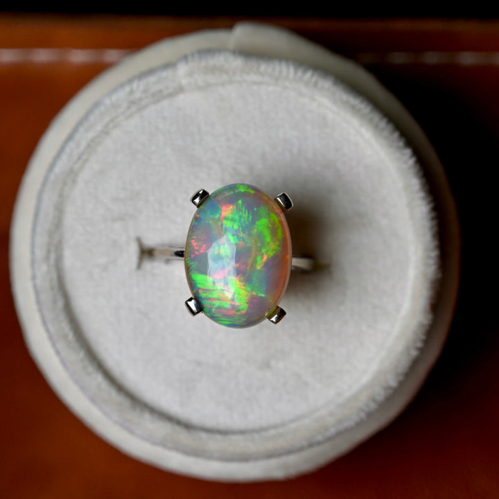 Women's opal ring, Cocktail ring. size 8 with rare fossilized plant inclusions 14K white gold handcrafted OpalOra Black Hills