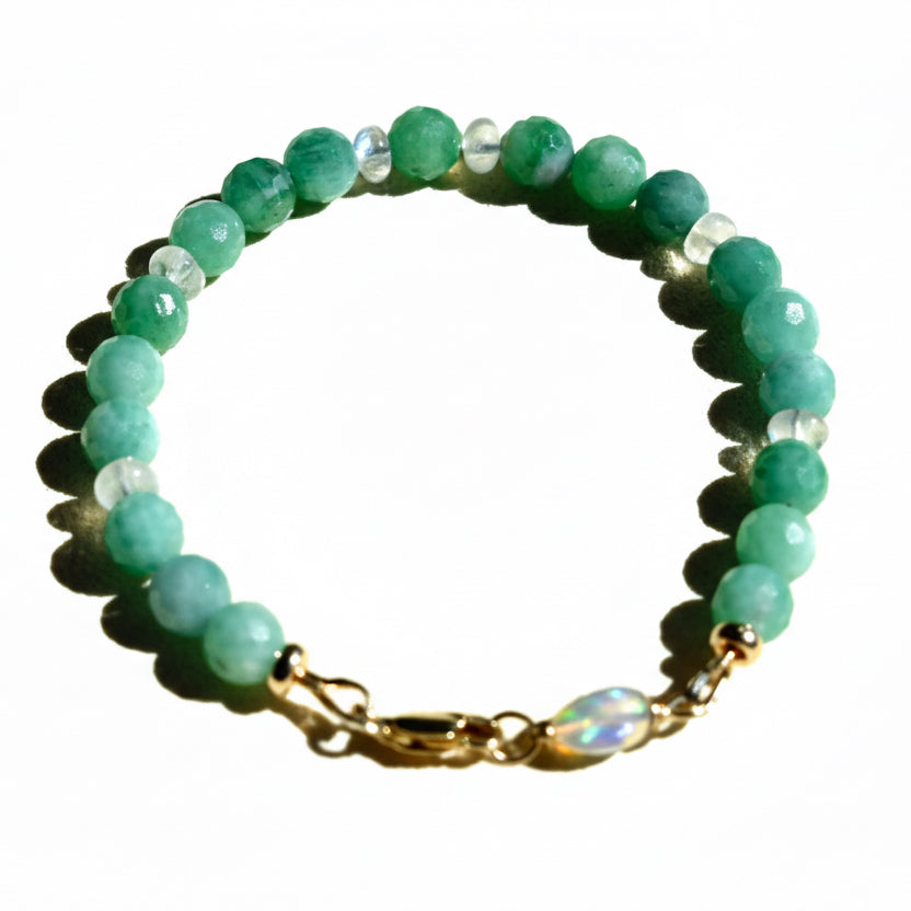 Emerald moonstone gold bracelet 7 inch natural untreated gemstones 14K yellow gold beaded jewelry OpalOra