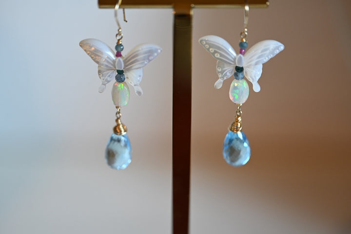 Custom made earrings. Opal, Swiss Blue topaz briolette drops, Mother of Pearl butterfly Earrings in 14K solid Gold. Handmade earrings by opalora jewelry. Long butterfly earrings, gold earrings.