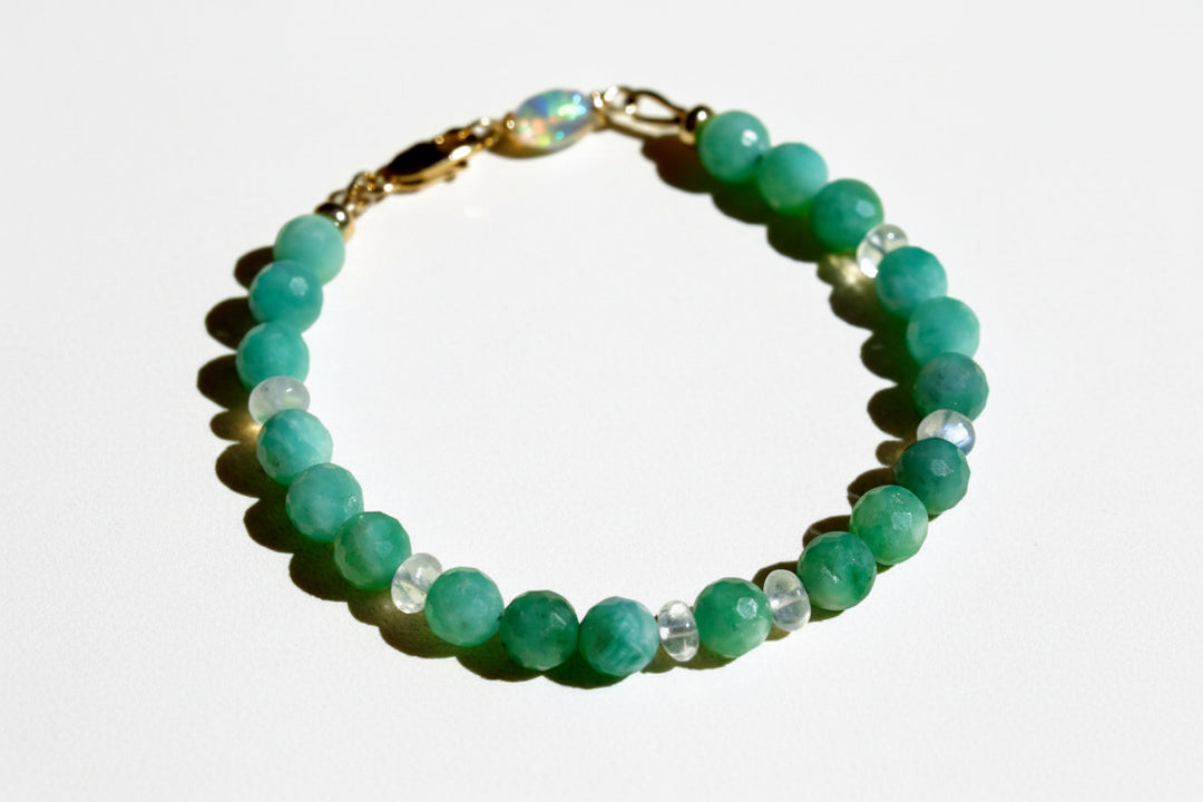 Handcrafted 14K gold gemstone bracelet natural emeralds moonstone opal beads luxury jewelry made in USA OpalOra