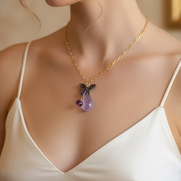 Lavender quartz necklace with black mother of pearl butterfly and a dark purple fluorite set in 14k solid yellow gold. Beautiful nature inspired necklace. Butterfly jewelry, purple jewelry. Purple pendant. Opalora jewelry. Black hills jewelry. Handmade jewelry. 