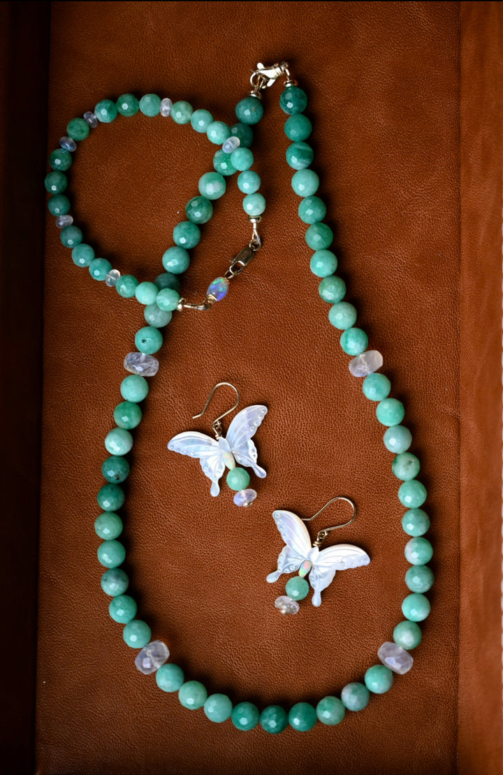 Luxury emerald moonstone bracelet 14K gold natural gemstones opal accent beaded jewelry OpalOra. Featured with an emerald necklace and butterfly emerald earrings. 
