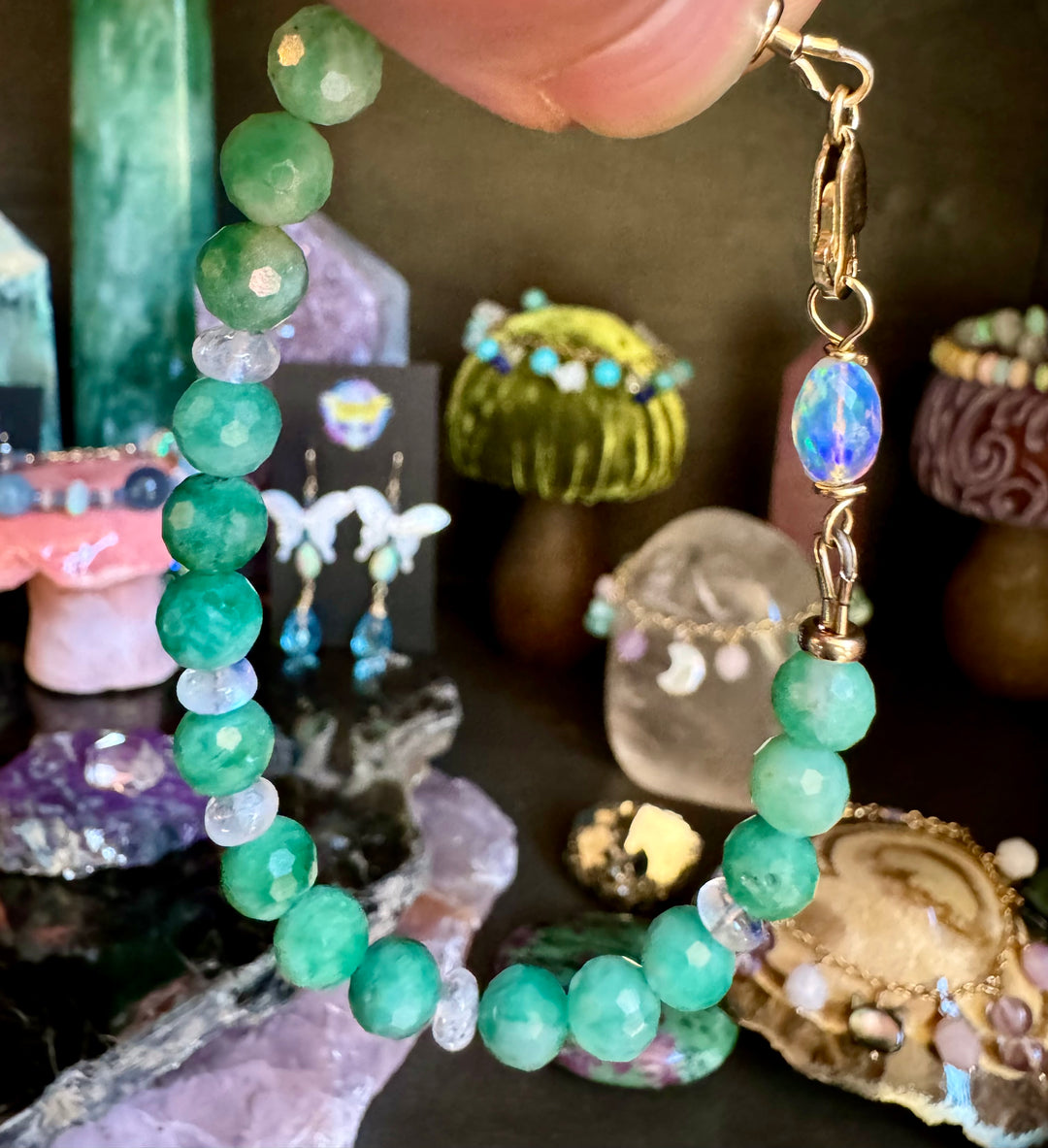 Natural emerald bracelet with moonstone and opal 14K solid yellow gold beaded gemstone jewelry OpalOra Black Hills
