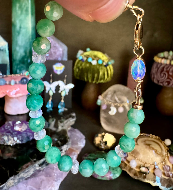 Natural emerald bracelet with moonstone and opal 14K solid yellow gold beaded gemstone jewelry OpalOra Black Hills