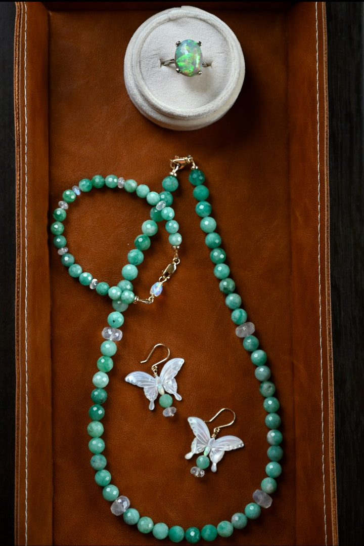 Natural gemstone bracelet emeralds moonstone opal 14K solid gold handcrafted beaded jewelry OpalOra