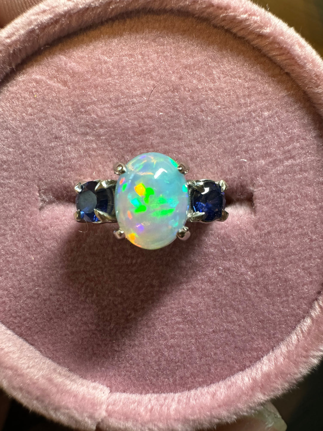 Opal and blue sapphire custom ring in white gold, detailed craftsmanship view