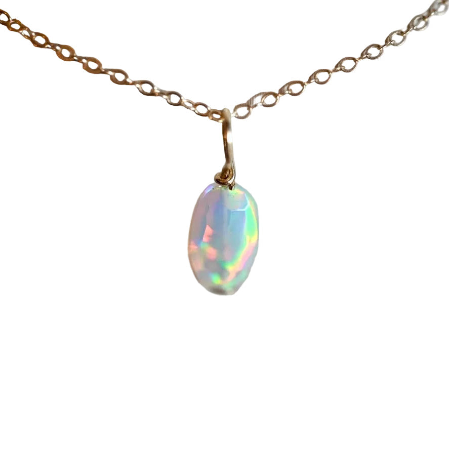 OpalOra white Ethiopian opal necklace pendant, 4ct rainbow flash in 14K gold. solitaire opal pendant