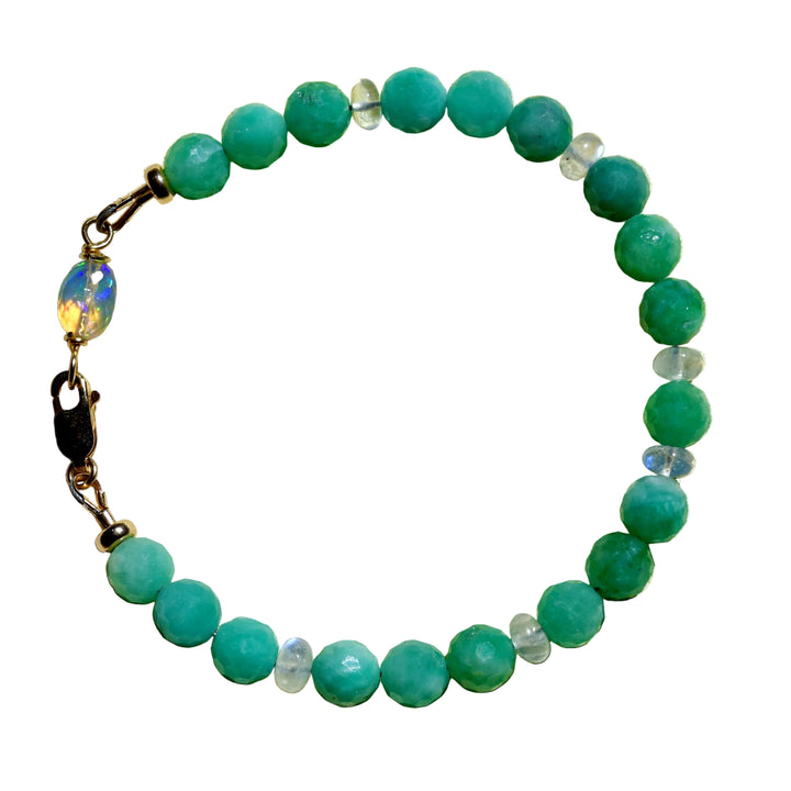 OpalOra natural emerald and moonstone bracelet 14K yellow gold handcrafted gemstone jewelry with opal accent