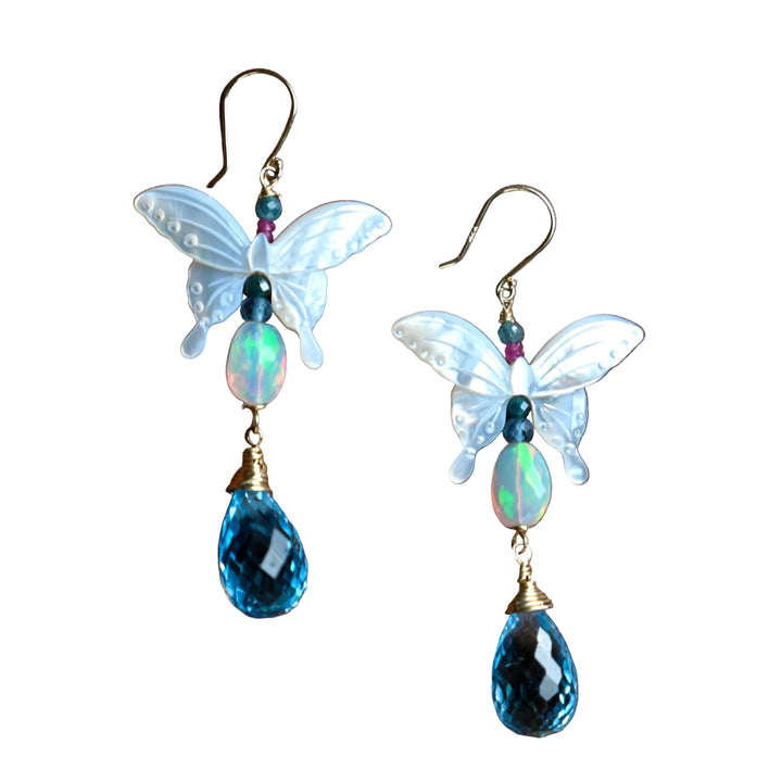 Ooak jewelry, one of a kind gold earrings. Designer earrings. Opal, Swiss Blue topaz briolette drops, Mother of Pearl butterfly Earrings in 14K solid Gold. Handmade earrings by opalora jewelry. Long butterfly earrings, gold earrings.