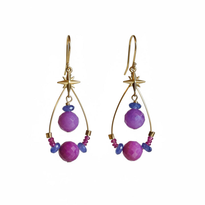Natural untreated purple pink ruby star dangle earrings in 14K gold with tanzanite beads, 2 inches long