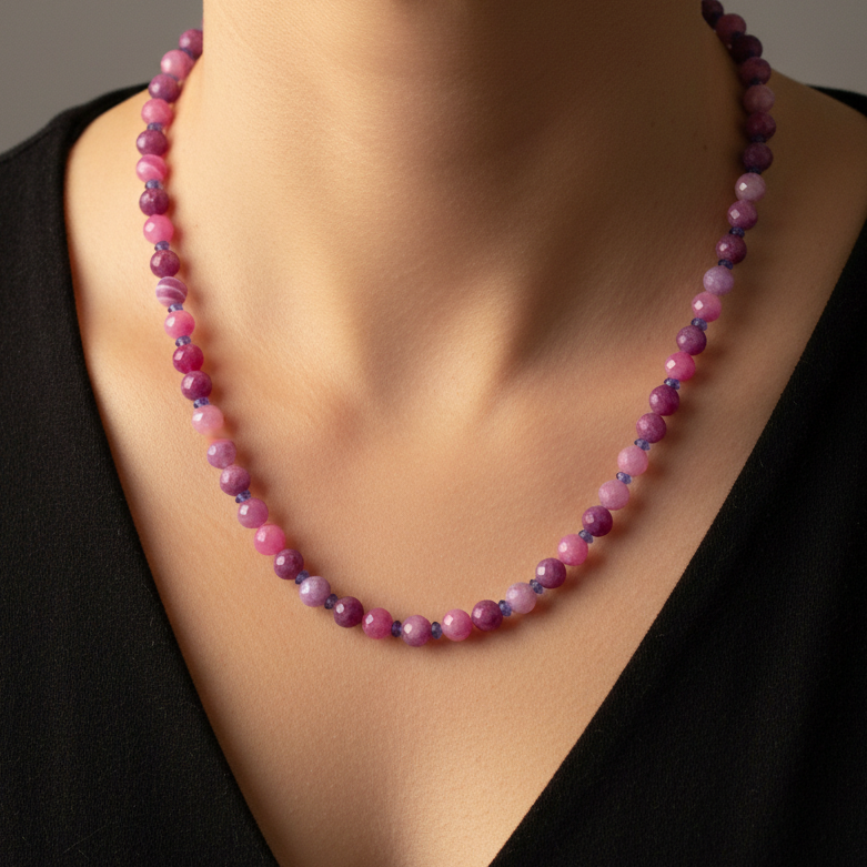 Purple beaded necklace on a black top against a neutral background
