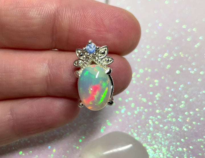 Peacock Blue Opal and Sapphire Pendant