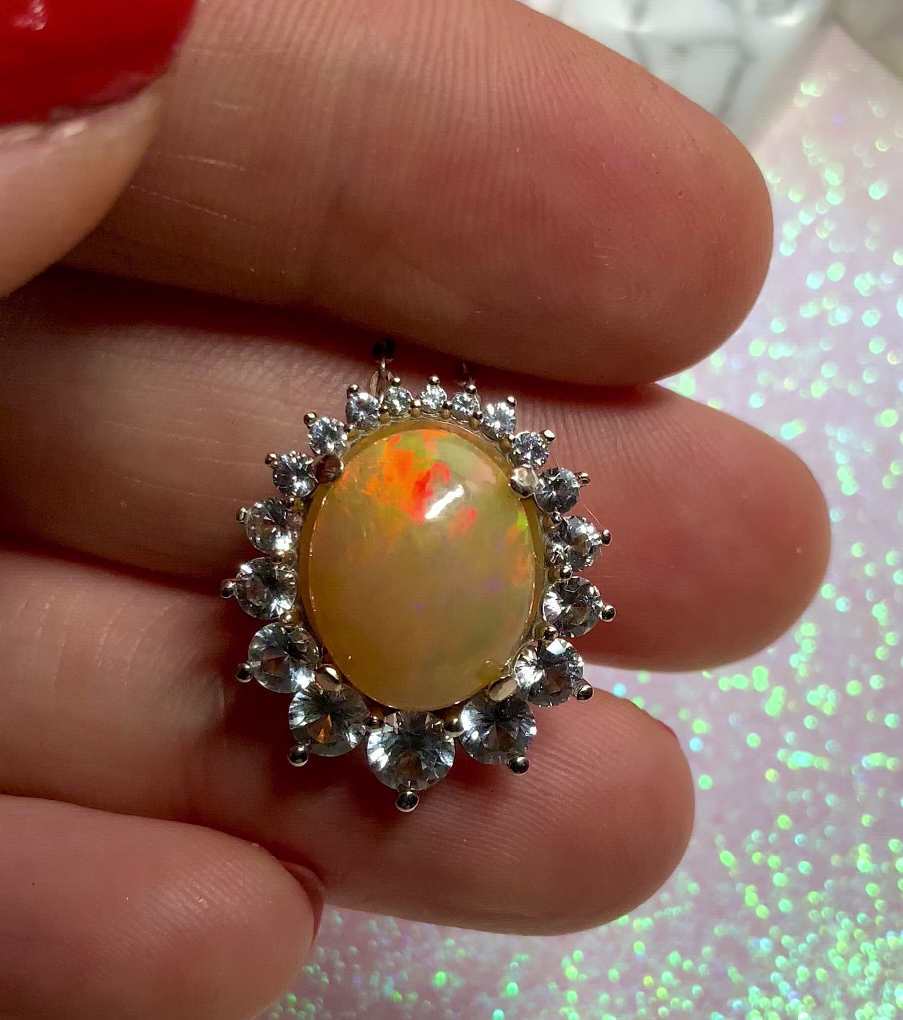 Aphrodite’s Dream. AAA+ Genuine Opal and AA+ Genuine White Sapphire Sunburst Opal Necklace in 14K Solid White Gold. Genuine Opal Jewelry. Genuine Sapphire Jewelry. Sunburst Pendant. White Gold.