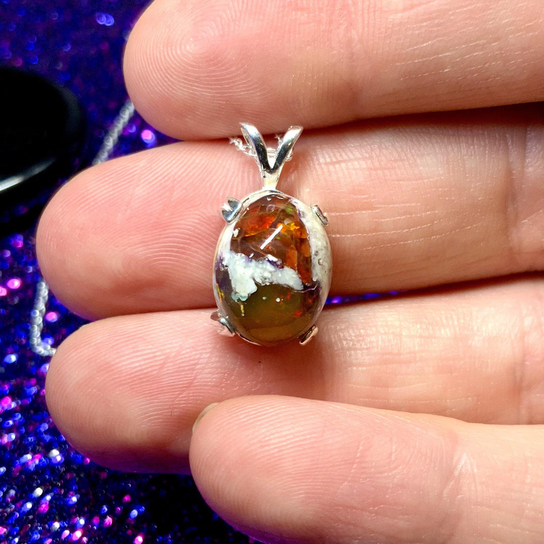 Ancient Fires Mexican Galaxy Opal Pendant. Ancient fires black galaxy opal pendant sterling silver natural fire opal necklace with green earthy tones OpalOra jewelry
