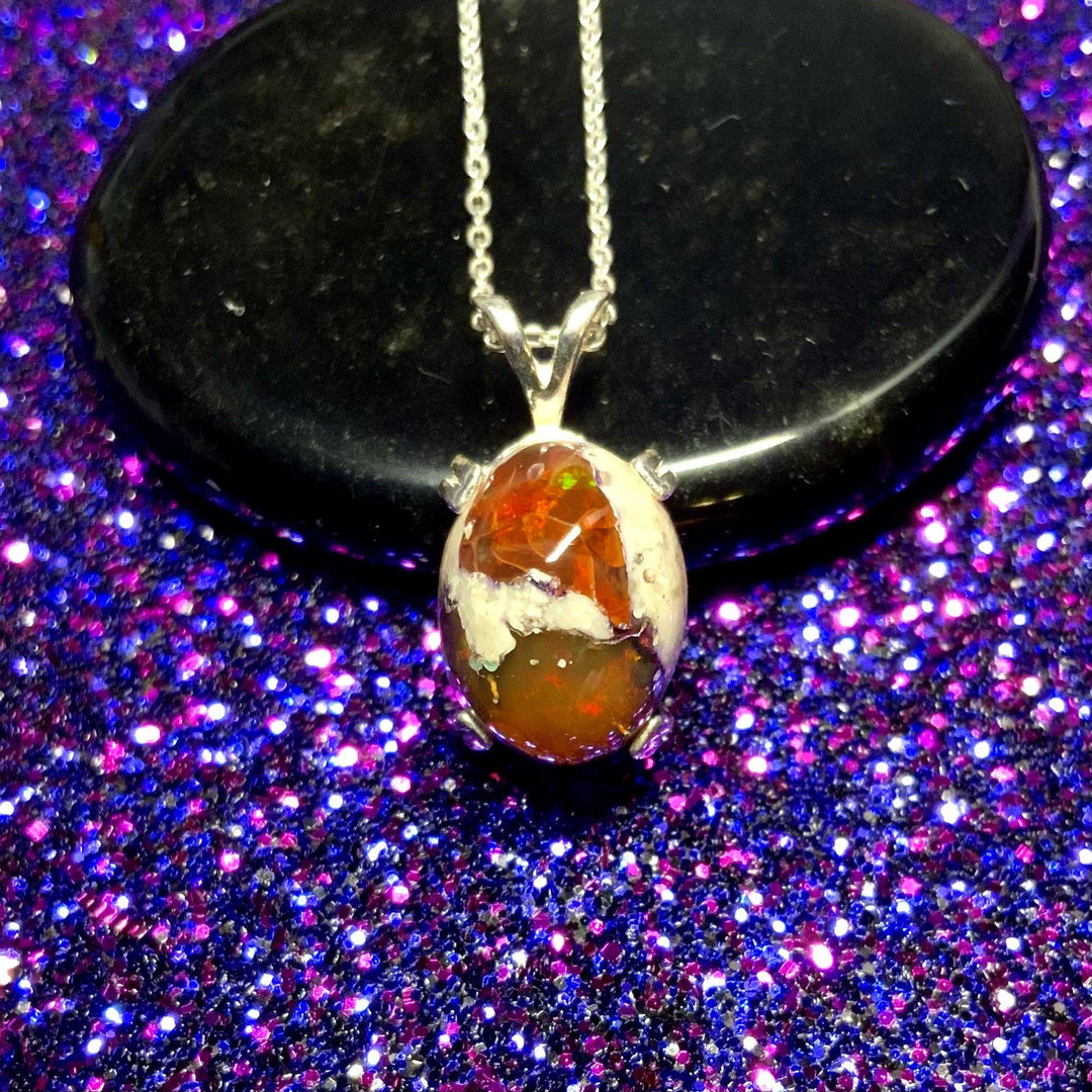 Ancient Fires Mexican Galaxy Opal Pendant. OpalOra Mexican galaxy opal pendant black fire opal with green flash sterling silver handcrafted necklace 12x10mm