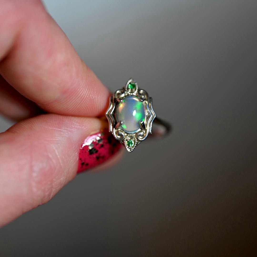 OpalOra green Ethiopian opal ring Art Deco design sterling silver with tsavorite garnet accents handcrafted jewelry size 7.25