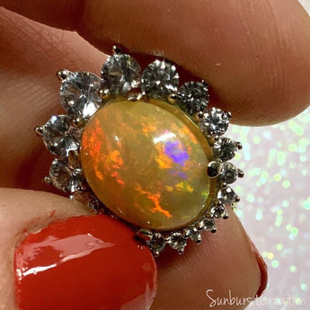 Aphrodite’s Dream. Opal and White Sapphire Sunburst Opal Pendant - 14K Solid White Gold. - OpalOra Jewelry