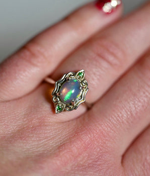 Art Deco Green Opal Ring with Gemmy Tsavorite Garnets - Sterling Silver - OpalOra Jewelry