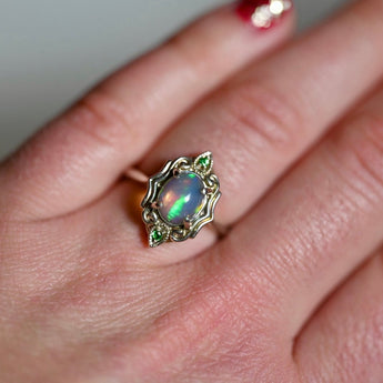 Art Deco Green Opal Ring with Gemmy Tsavorite Garnets - Sterling Silver - OpalOra Jewelry