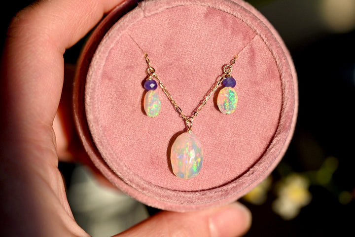 Aurora Opal Necklace with Tanzanite - 14K Solid Gold - OpalOra Jewelry