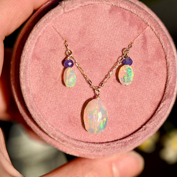 Aurora Opal Necklace with Tanzanite - 14K Solid Gold - OpalOra Jewelry