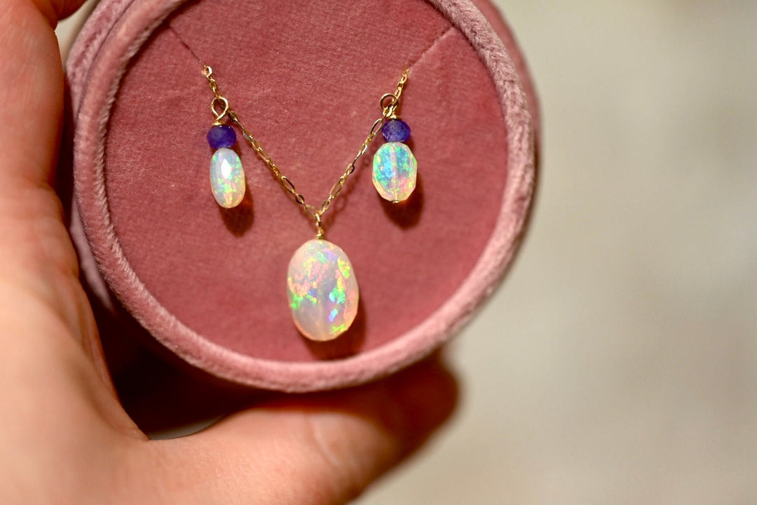 Aurora Opal Necklace with Tanzanite - 14K Solid Gold - OpalOra Jewelry