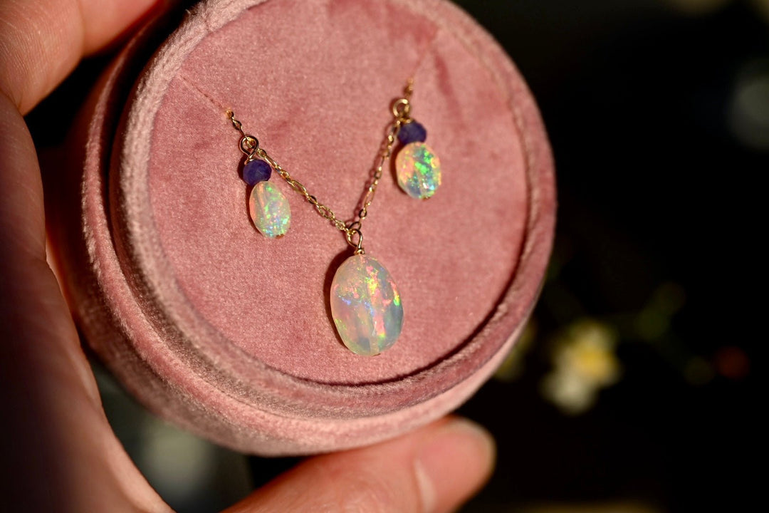 Aurora Opal Necklace with Tanzanite - 14K Solid Gold - OpalOra Jewelry