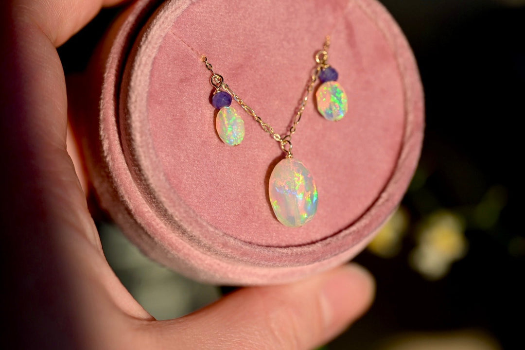 Aurora Opal Necklace with Tanzanite - 14K Solid Gold - OpalOra Jewelry