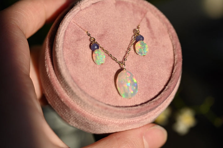 Aurora Opal Necklace with Tanzanite - 14K Solid Gold - OpalOra Jewelry