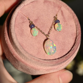 Aurora Opal Necklace with Tanzanite - 14K Solid Gold - OpalOra Jewelry
