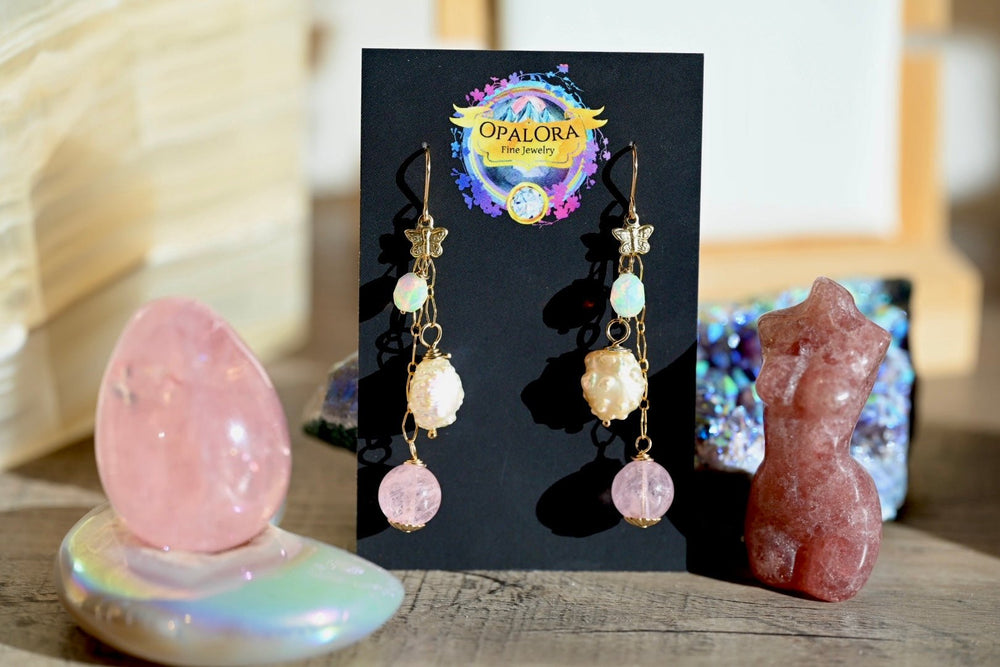 Butterfly Pink Dangle Earrings - 14K Gold Fill - Opals, Morganite and Pearls - OpalOra Jewelry