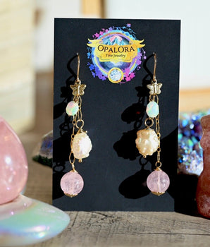 Butterfly Pink Dangle Earrings - 14K Gold Fill - Opals, Morganite and Pearls - OpalOra Jewelry