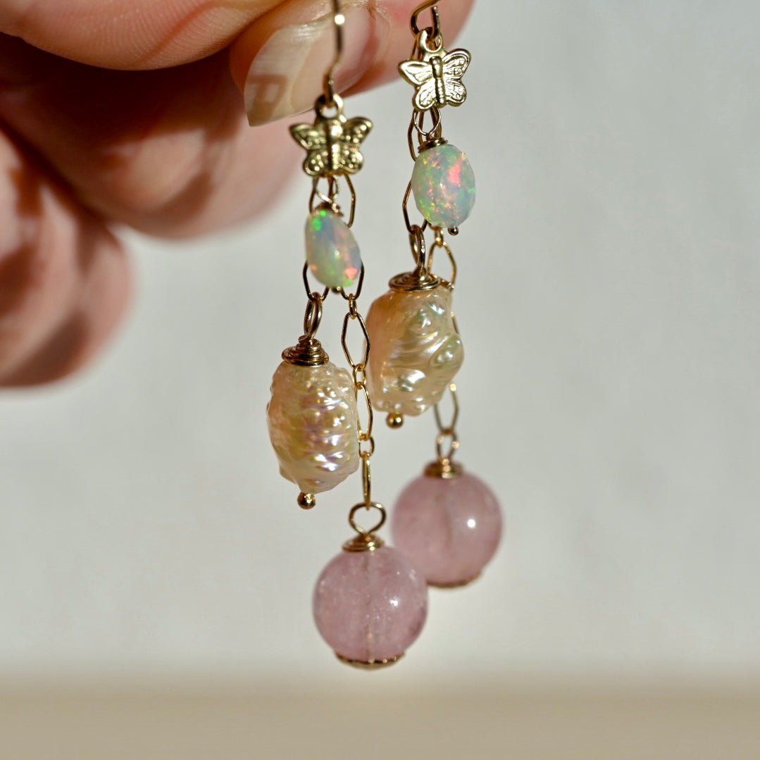Butterfly Pink Dangle Earrings - 14K Gold Fill - Opals, Morganite and Pearls - OpalOra Jewelry