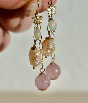 Butterfly Pink Dangle Earrings - 14K Gold Fill - Opals, Morganite and Pearls - OpalOra Jewelry