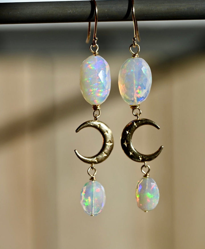 Crescent Moon Opals - 14K Solid Gold Earrings - OpalOra Jewelry