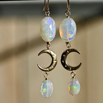 Crescent Moon Opals - 14K Solid Gold Earrings - OpalOra Jewelry
